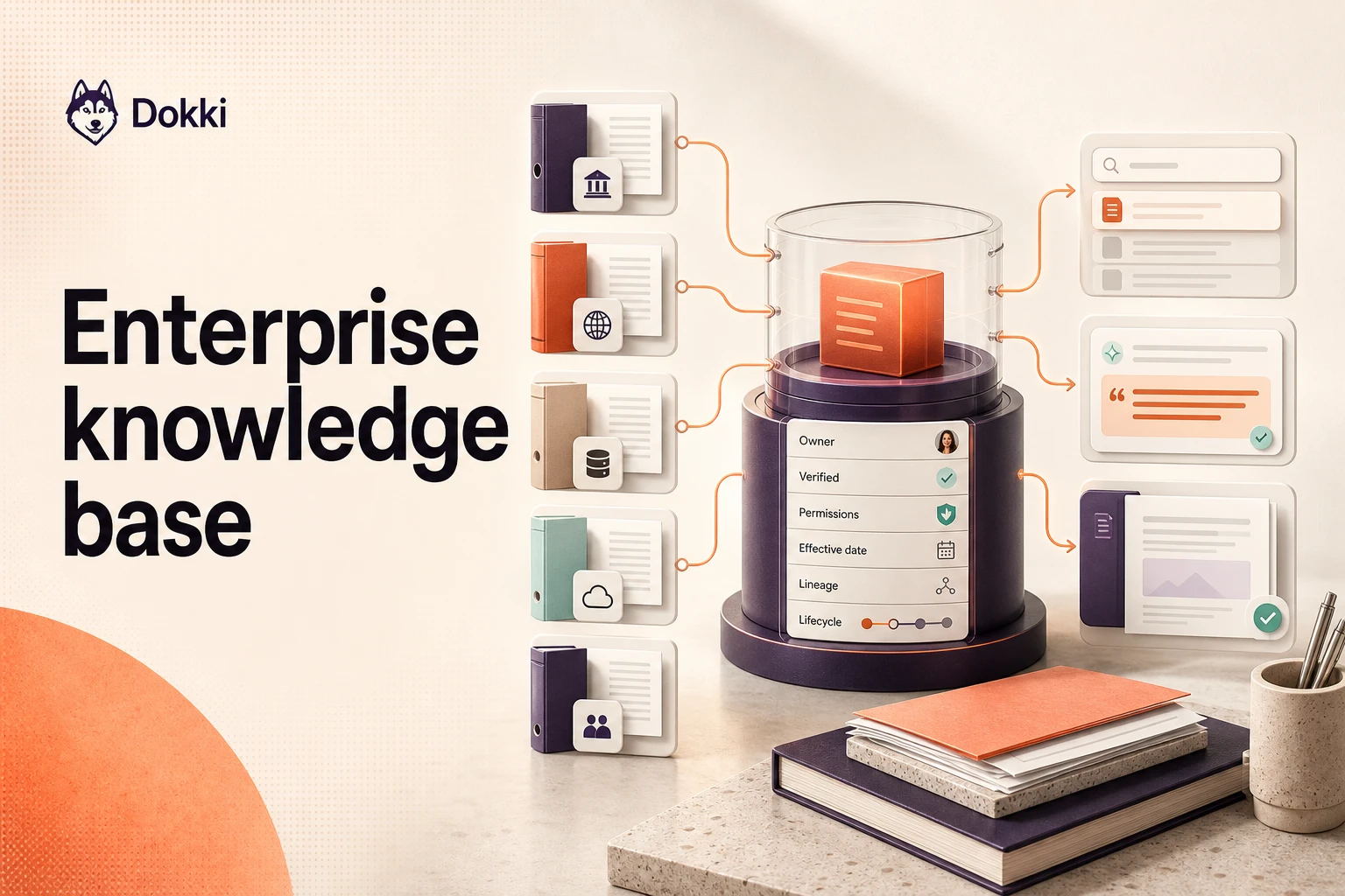 Federated enterprise knowledge base connecting source repositories to a governed knowledge object, search, grounded answers, and reviewed work
