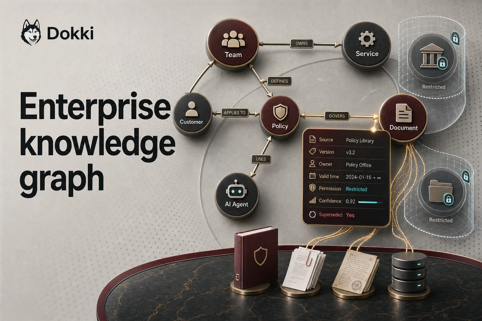 Enterprise knowledge graph connecting teams, services, customers, policies, documents, and AI agents with permissions and provenance