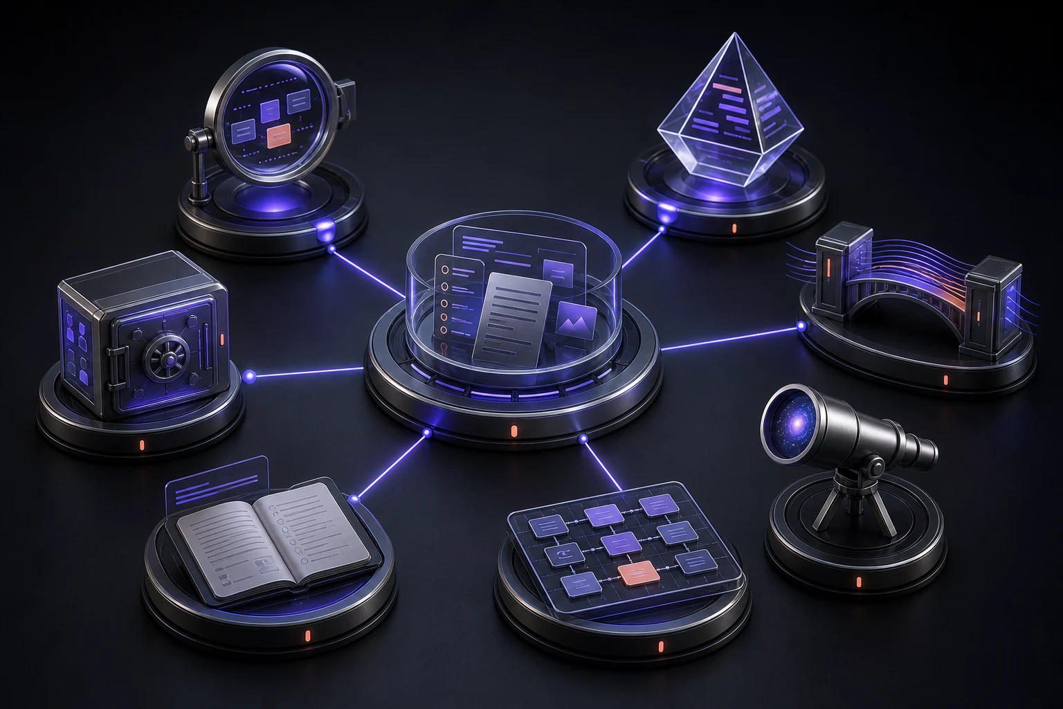 Modular AI research stack connecting search, extraction, synthesis, and collaboration roles
