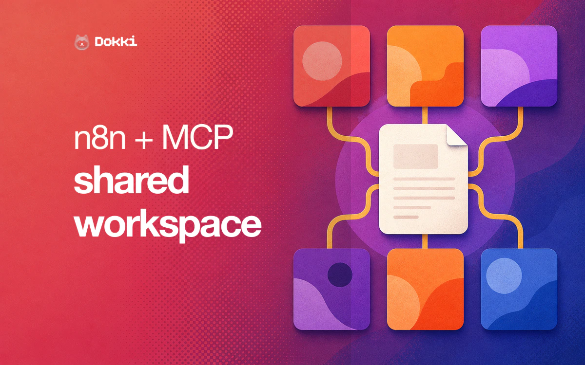 n8n workflow nodes converging on a shared MCP workspace