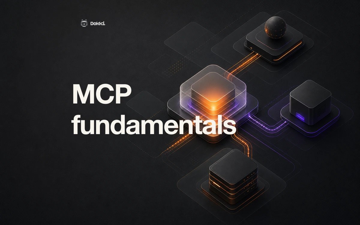 MCP host, clients, and servers connected through a glowing protocol gateway