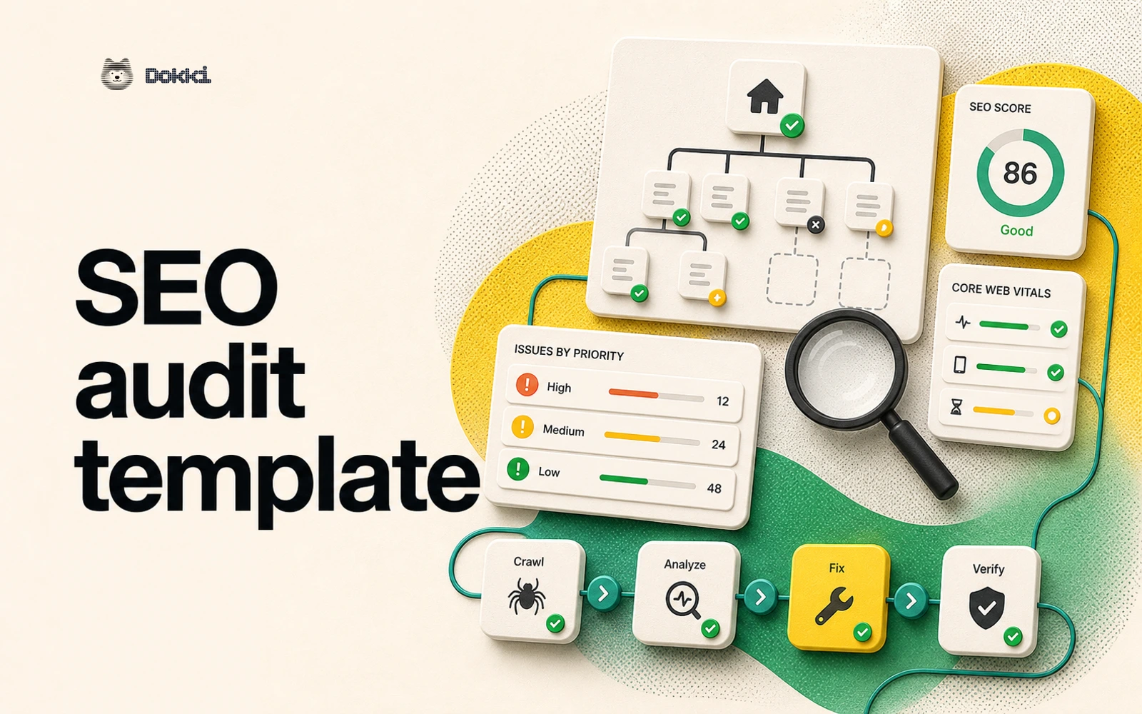 Dokki SEO audit template cover with a dimensional evidence pipeline and warm halftone field