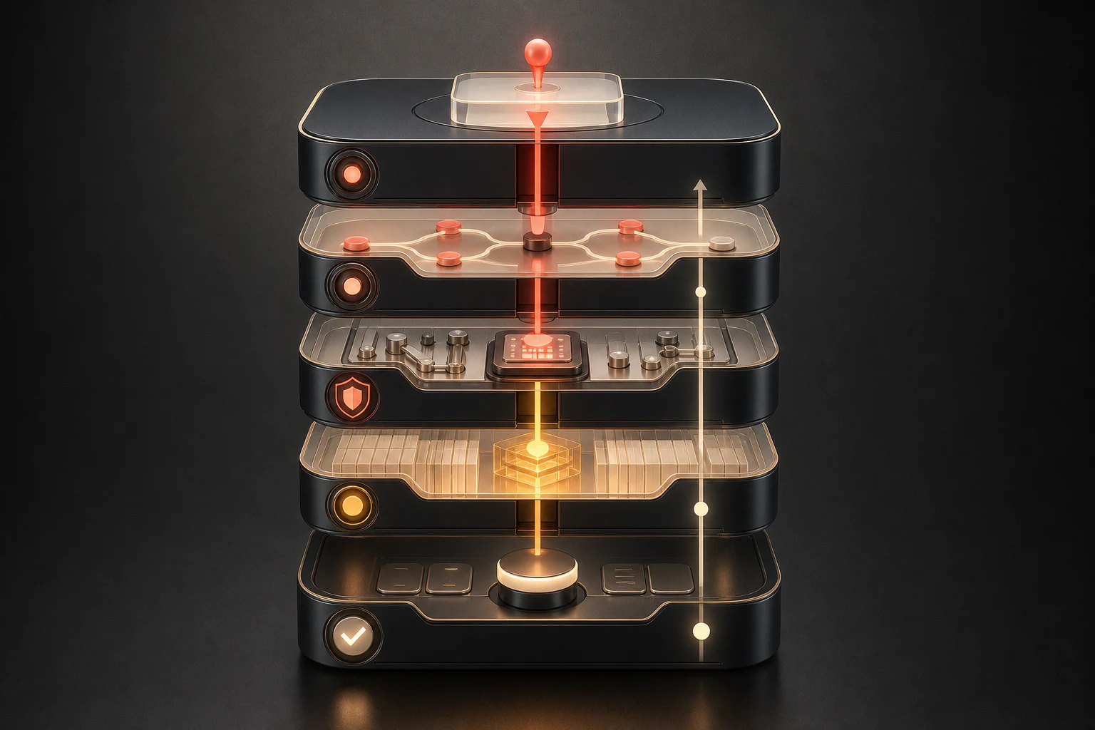 Five-layer automation architecture covering trigger, orchestration, tools, knowledge, and approval