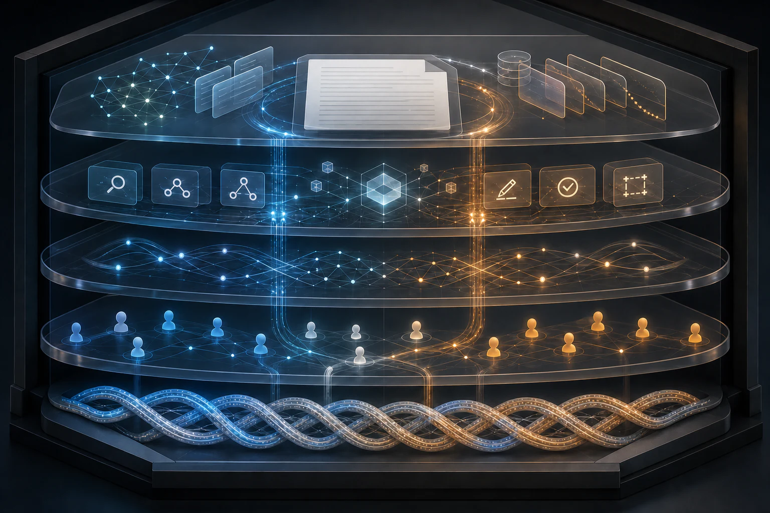 Fusion-editing technology stack with collaborative state, agent tools, retrieval, and audit layers