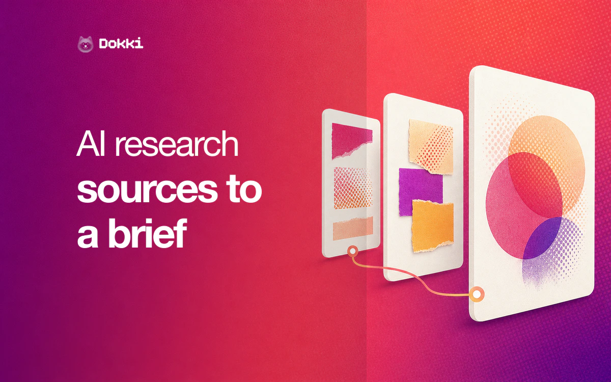 Research evidence cards progressing from sources to a reviewable brief