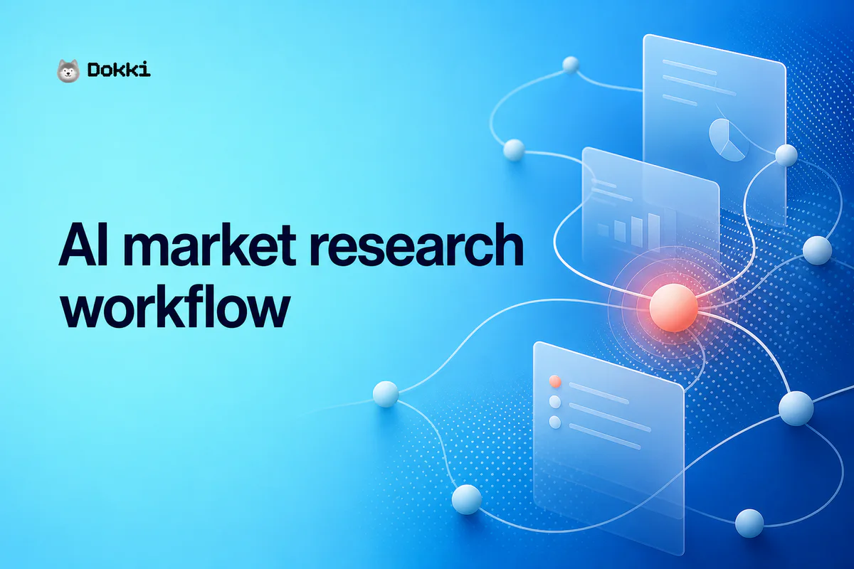 AI market research workflow connecting evidence cards to a central insight