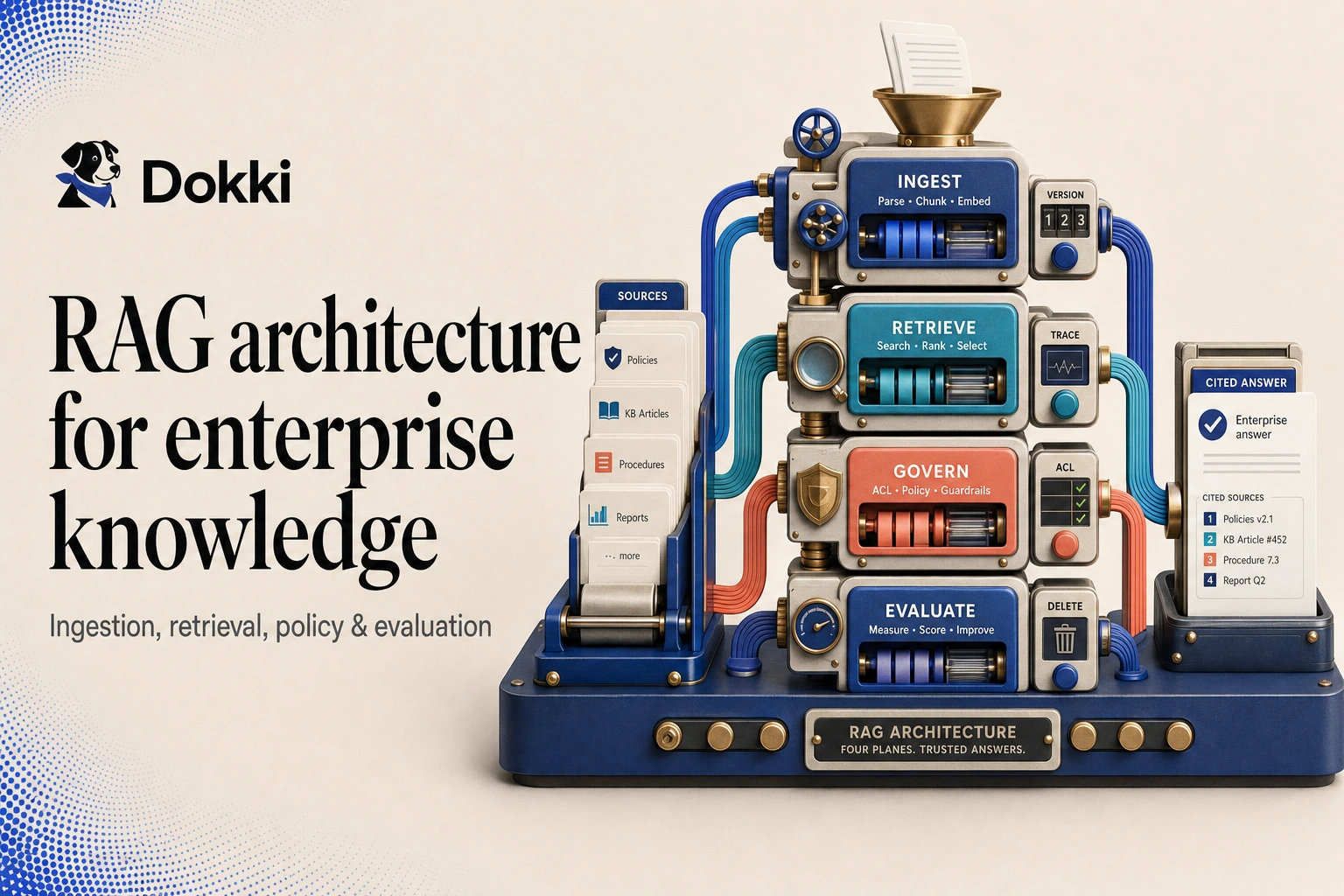 Dokki enterprise RAG architecture machine with ingestion, retrieval, governance, and evaluation modules