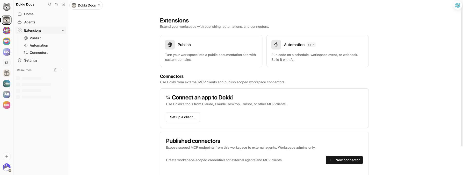 Extensions workspace view with Publish, Automation, and Connectors