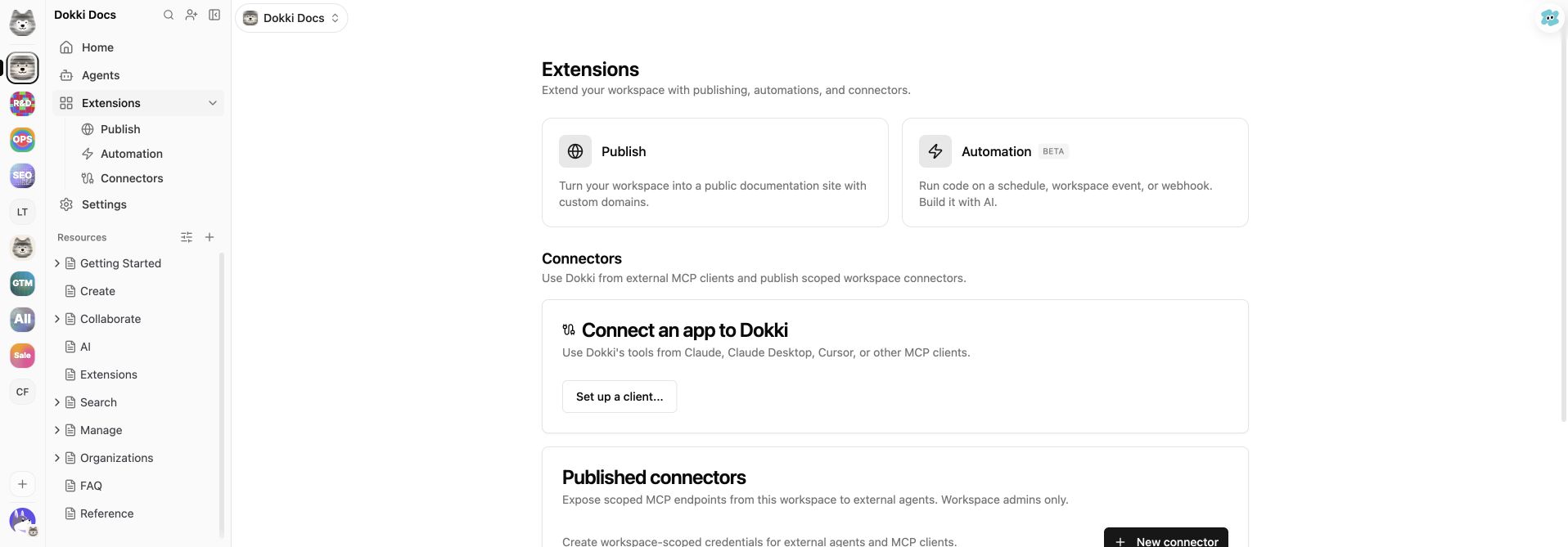 Extensions page showing Publish, Automation, Connectors, and the Set up a client action