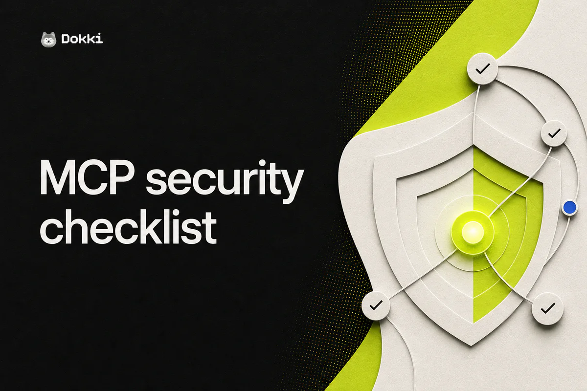 MCP security checklist with layered shield, verified paths, and lime halftone accents