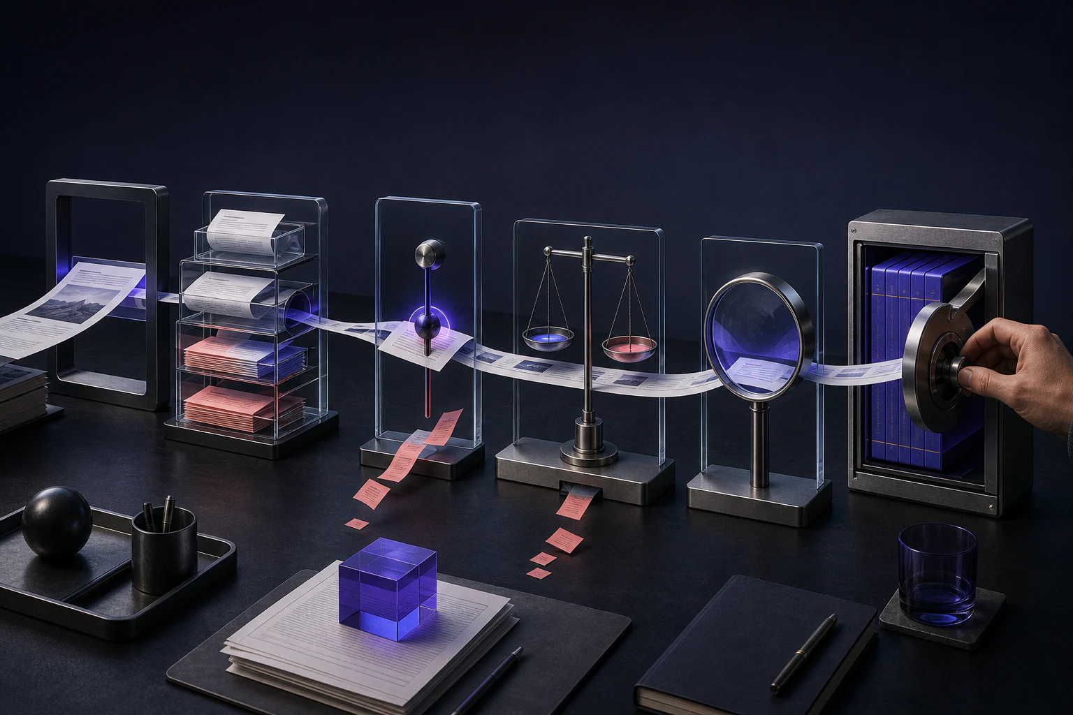 Six-checkpoint verification path ending in a human-reviewed evidence vault