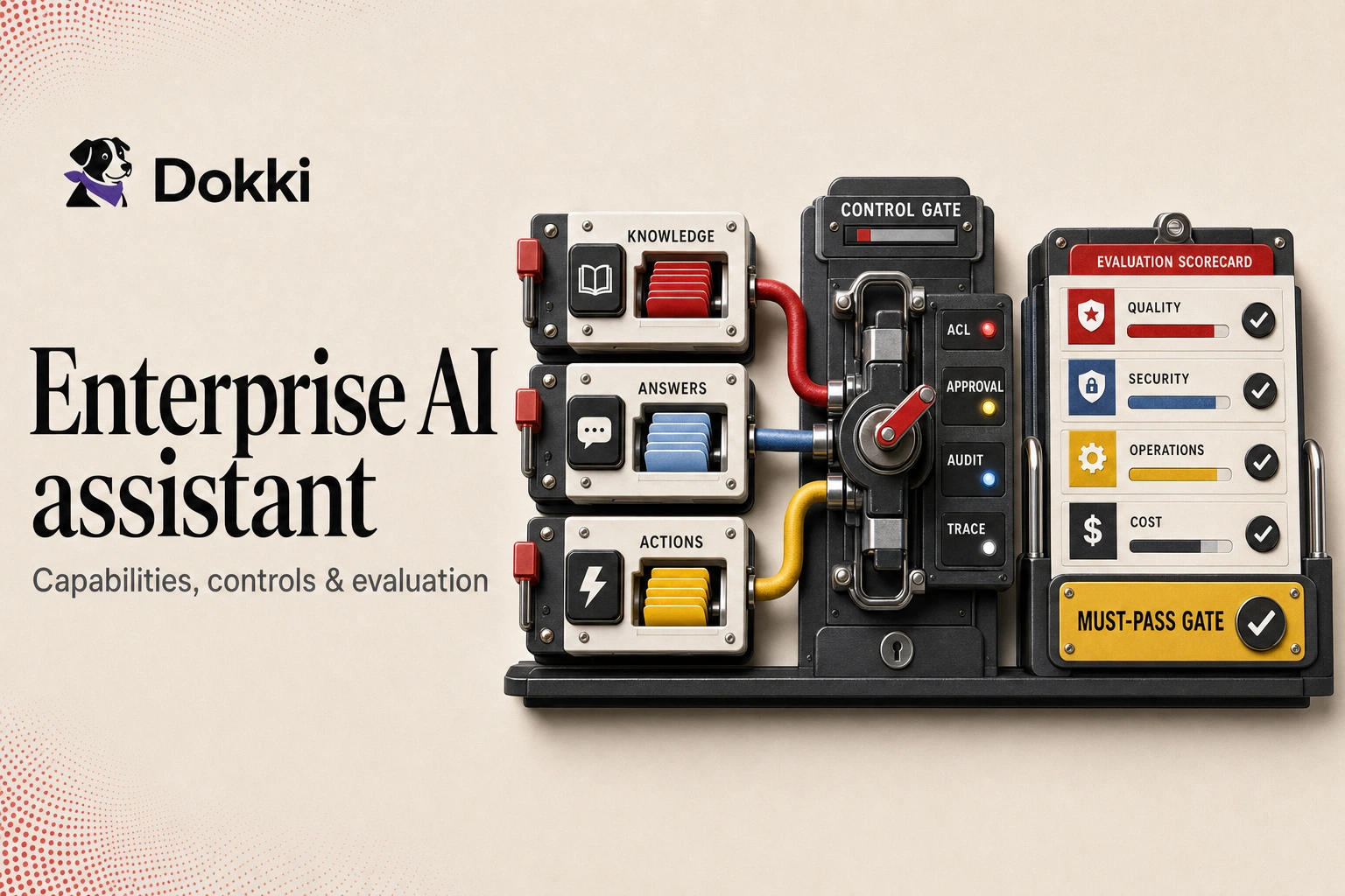 Dokki enterprise AI assistant evaluation console with knowledge, answers, actions, control gate, and scorecard