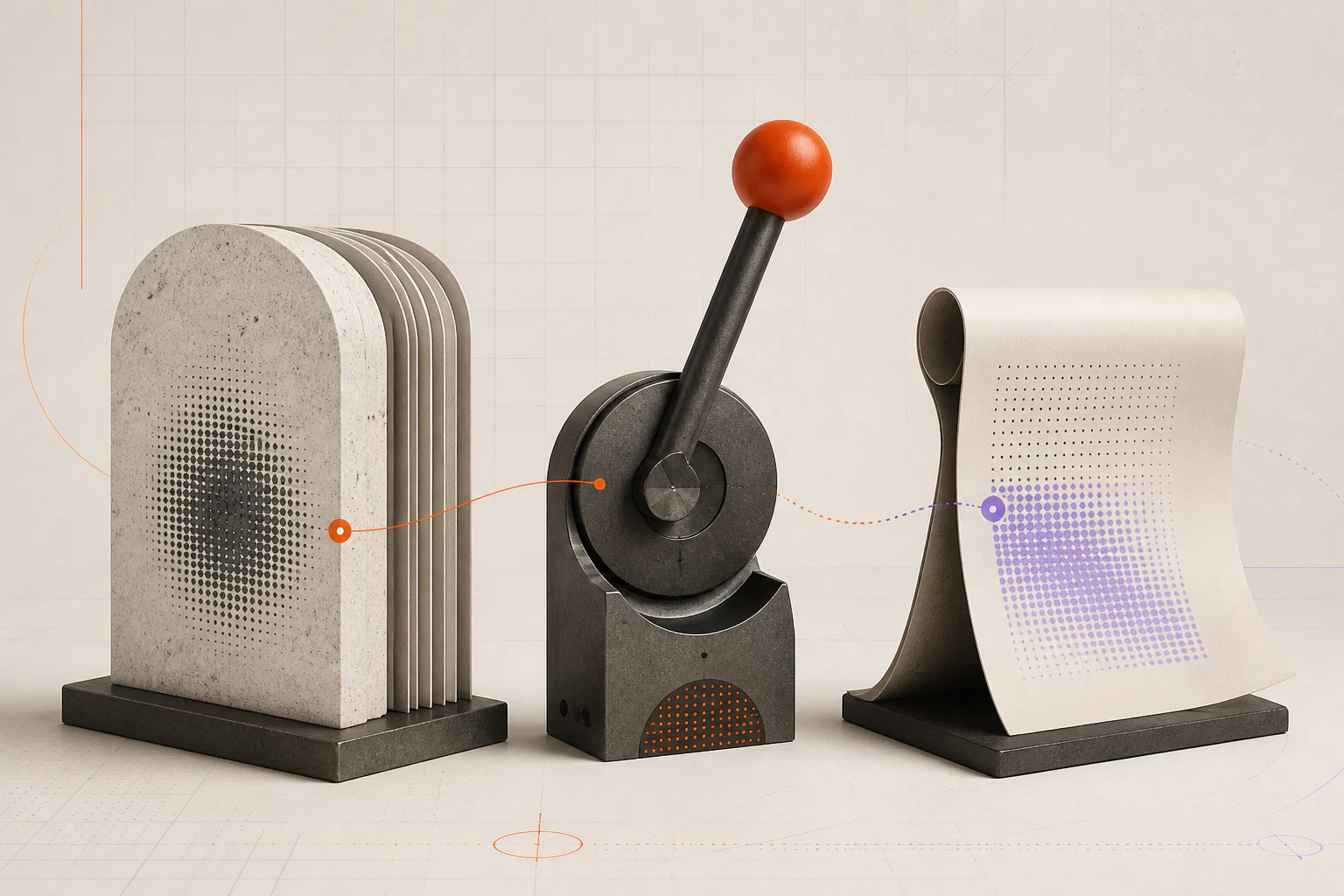 Three sculptural forms representing MCP resources, tools, and prompts