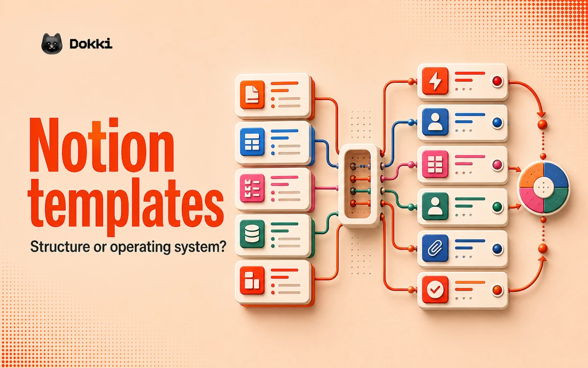 Notion templates transforming from reusable page and database structures into an operating workflow loop
