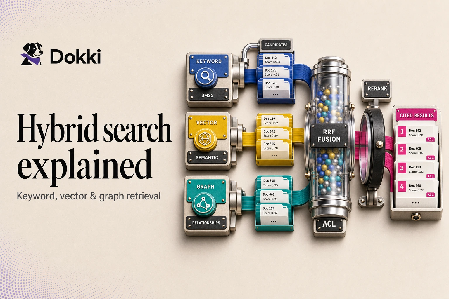 Dokki hybrid search machine fusing keyword, vector, and graph candidates into reranked cited results