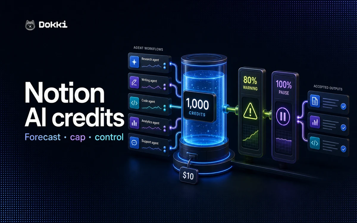 Notion AI credit reservoir with agent workflows, 80 percent warning, 100 percent pause, and accepted outputs