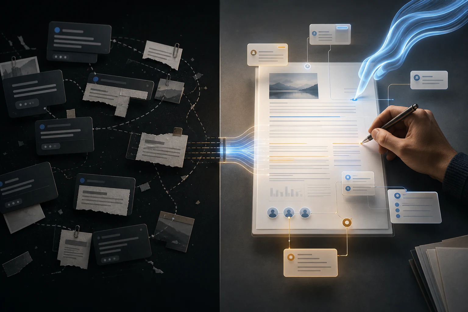 Fragmented chat handoffs compared with one shared human-agent artifact